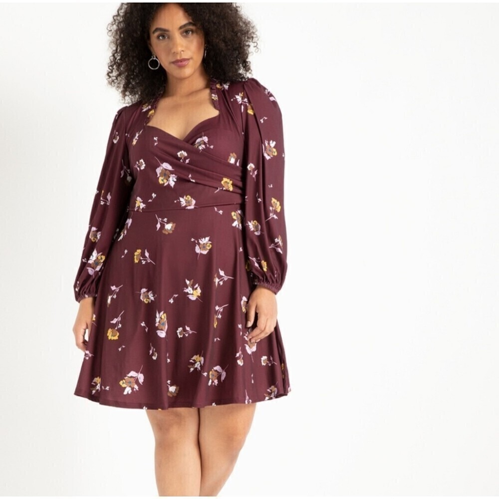 ELOQUII Puff Sleeve Maroon Floral Sweetheart Mini Dress, 16